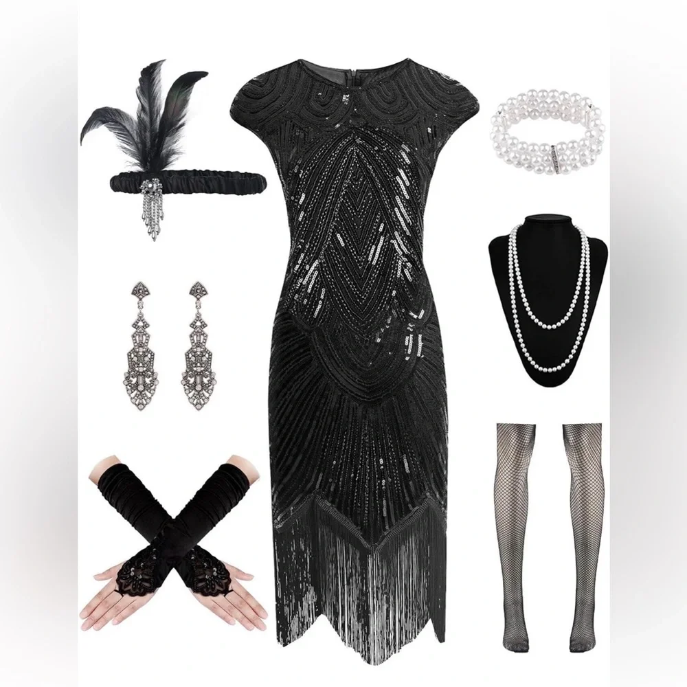 Elegant Black Sequin Fringe Dress Costume with accessories size large - Picture 2 of 4